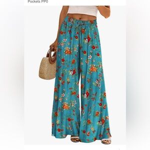 Teal Floral Wide-Leg Drawstring Pants